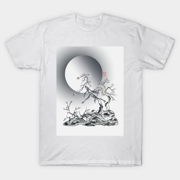 sumiE ink and pencil japanese pine trees and a full moon T-Shirt by cuisinecat